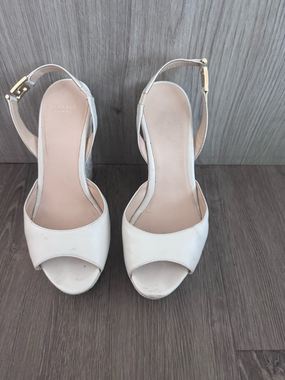 Versace Leather Peep-Toe Slingback Heels in Off-White